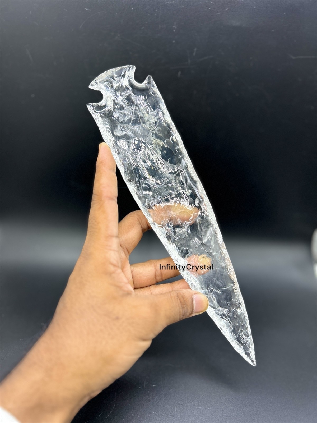 10″ Clear Quartz Crystal Glass Arrowhead,Geometric Sculpture, Mystical Spearhead