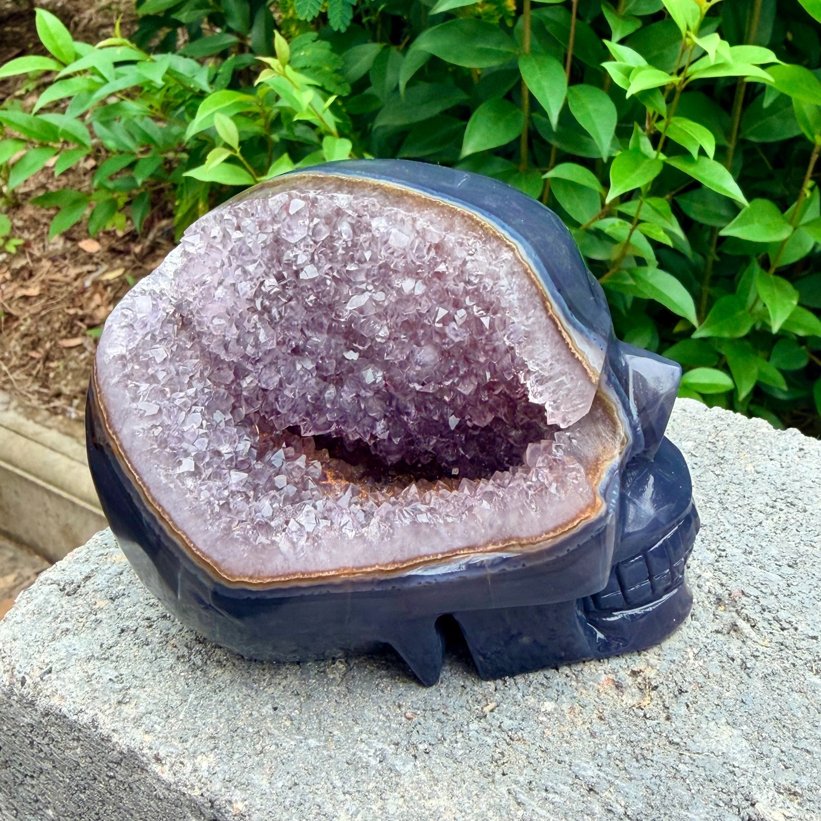 2.33lb Amethyst agate crystal cave skull, Rare hand carved skull specimen