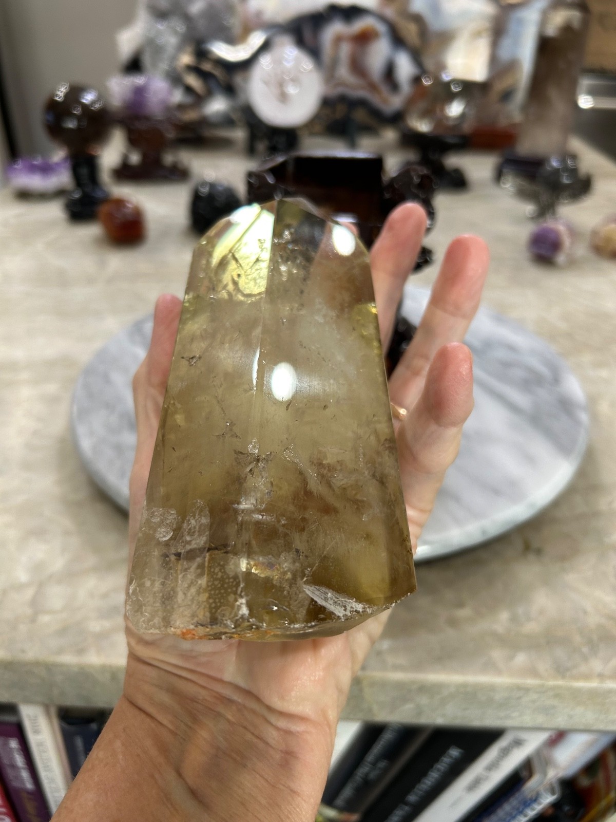 Citrine quartz crystal Freeform tower with custom wood stand