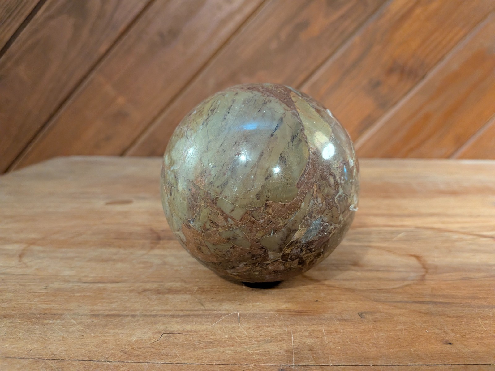 Vintage Polished Marble Stone Sphere Carpet Ball Gray and Brown Tan 3″