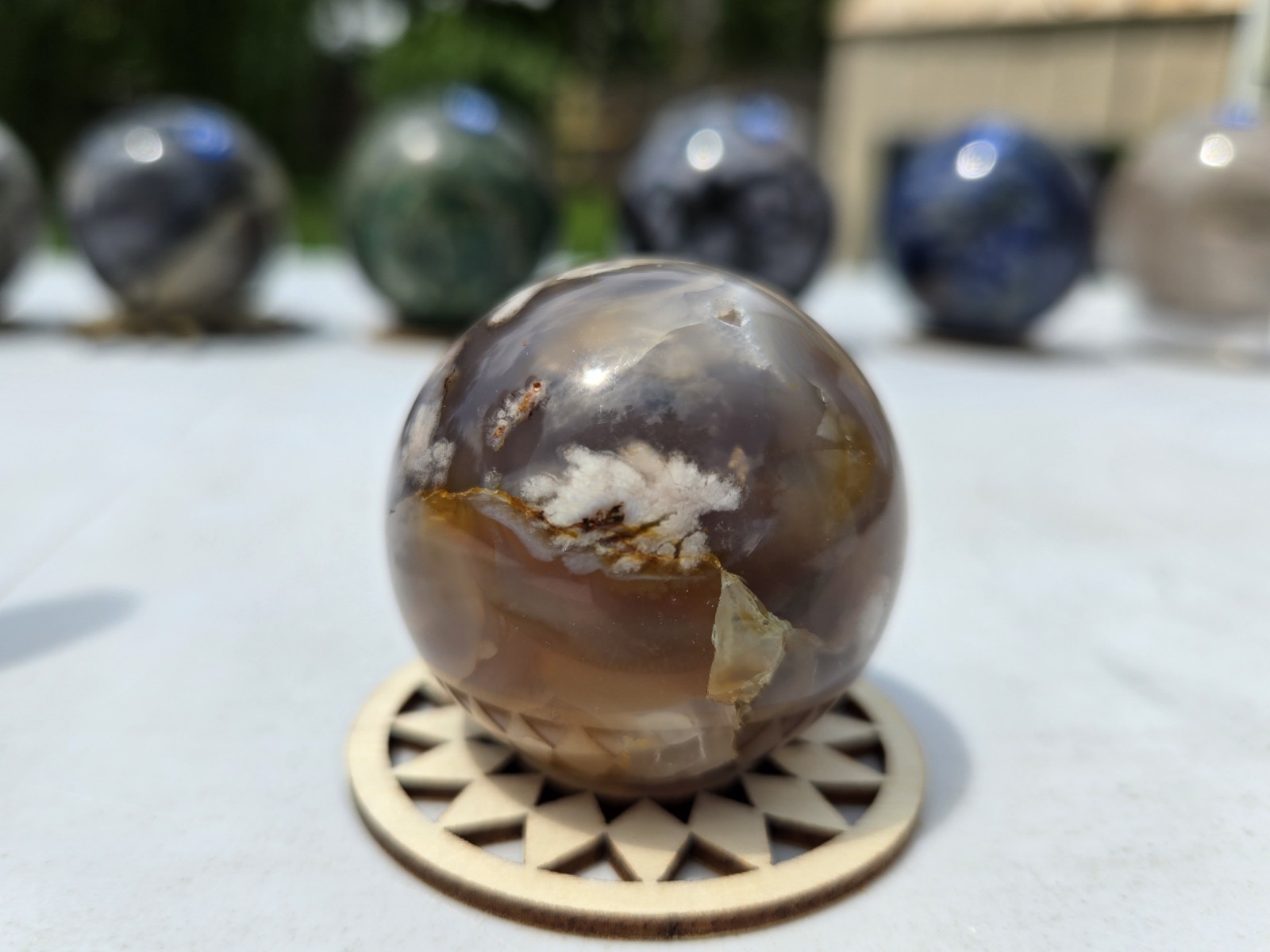 polished flower agate crystal sphere display specimen w/ stand ~2in b61