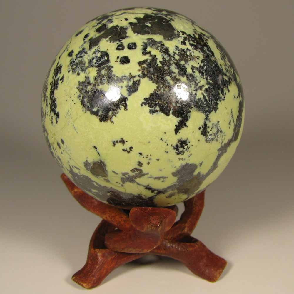 2.2″ SERPENTINE w/ PYRITE Polished Crystal Sphere Ball w/ Stand – Peru – 57mm