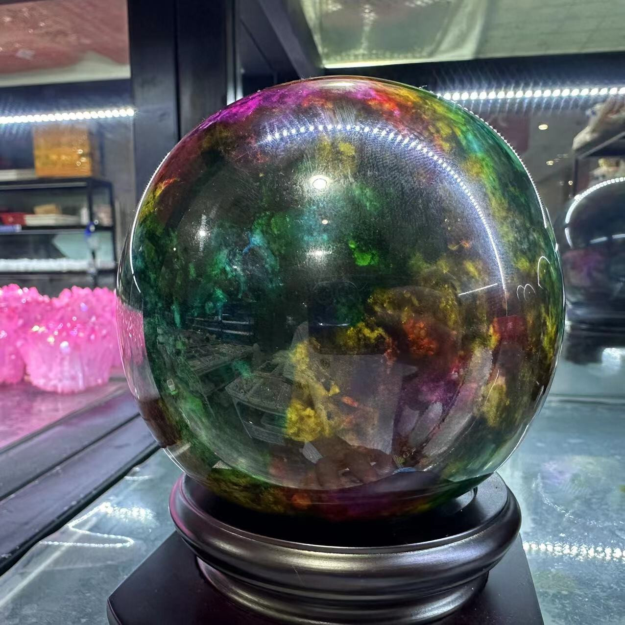 Natural “Seven Colors Jade” sphere quartz polished ball decor gift+stand 3.9LB+