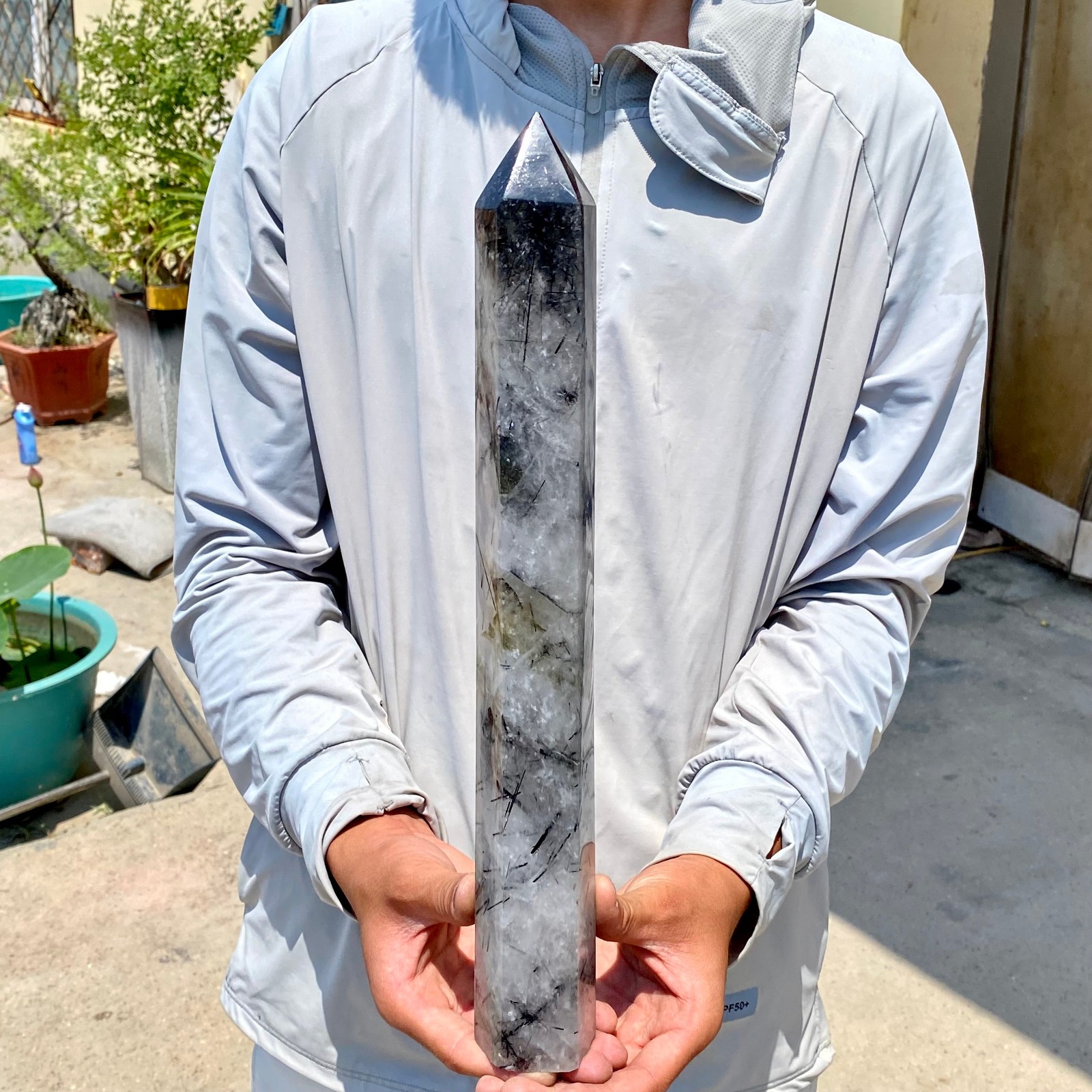 3.9LB Natural black hair and white crystal symbiotic aura gem mineral point