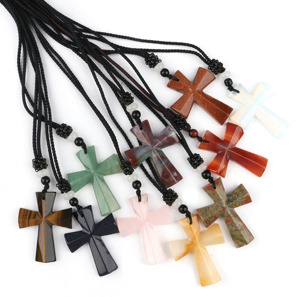 Natural Chakra Cross Quartz Crystal Stone Healing Gemstone Pendant Necklace Gift
