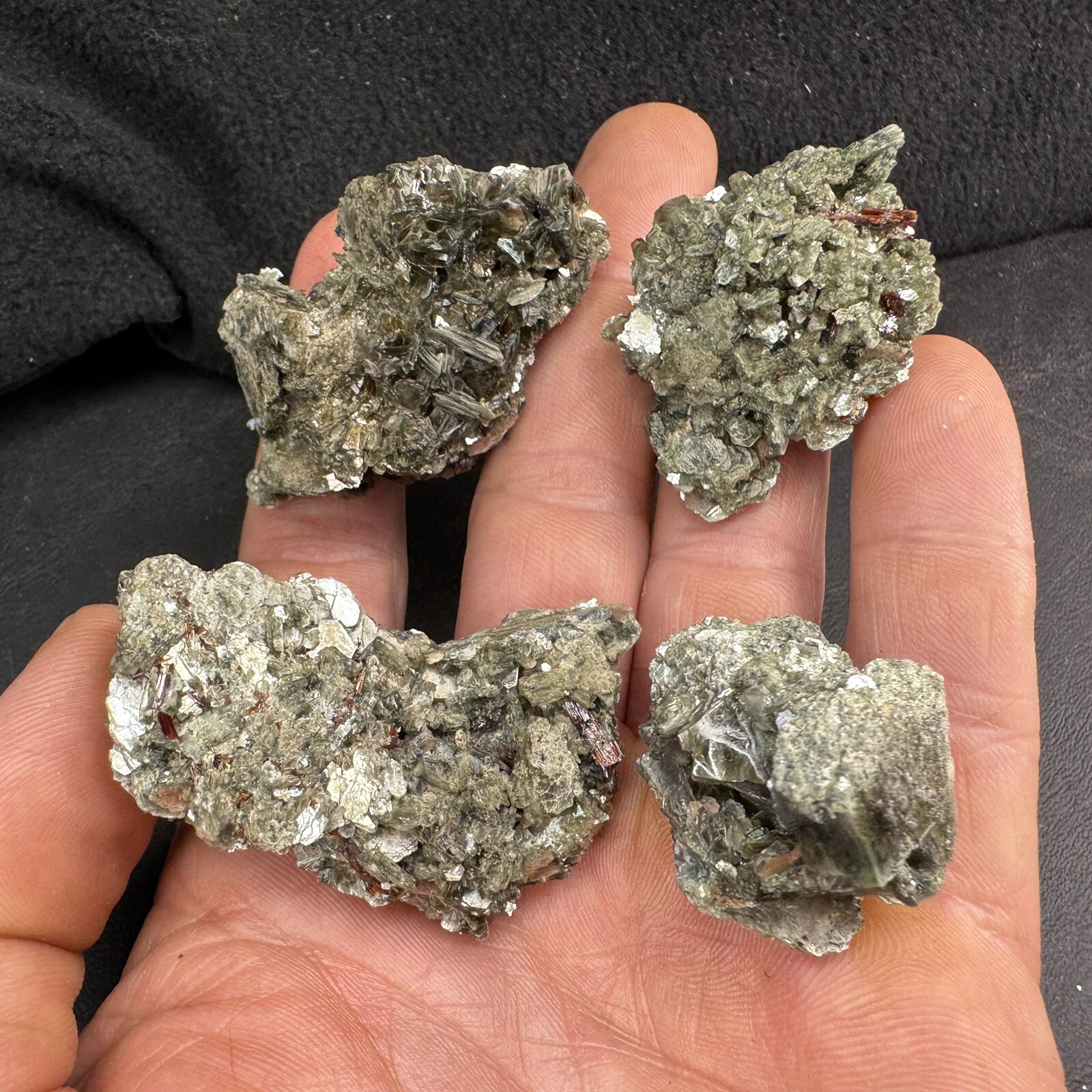 Lot of 4 Green Crystalized Mica Crystal Clusters with Rare Red Rutile Crystals