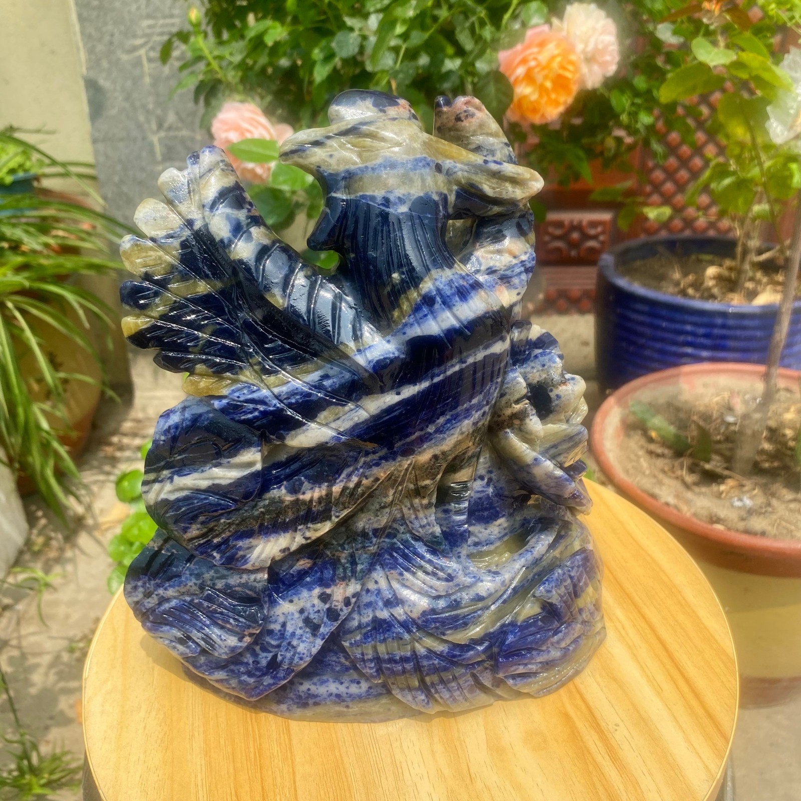 6.61LB Natural Blue Vein Stone Phoenix Carving, Home Decoration
