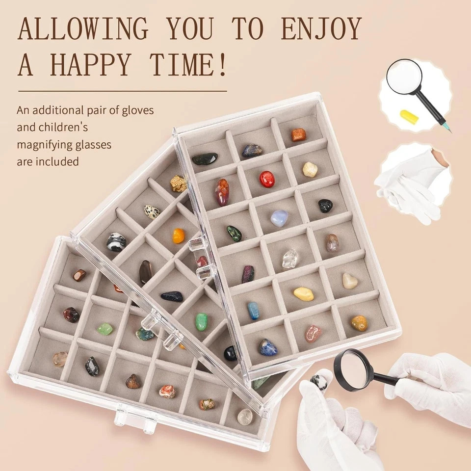Rock Display Case,54 Grids Rock Collection Box for Kids with Mini Magnifying