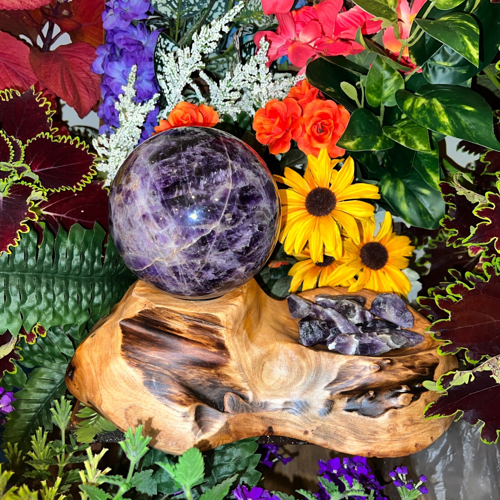 BEAUTIFUL 5+ lbs AURALITE 23 Sphere + Teak Wood Base + 1/2 lb Auralite Rough-A22
