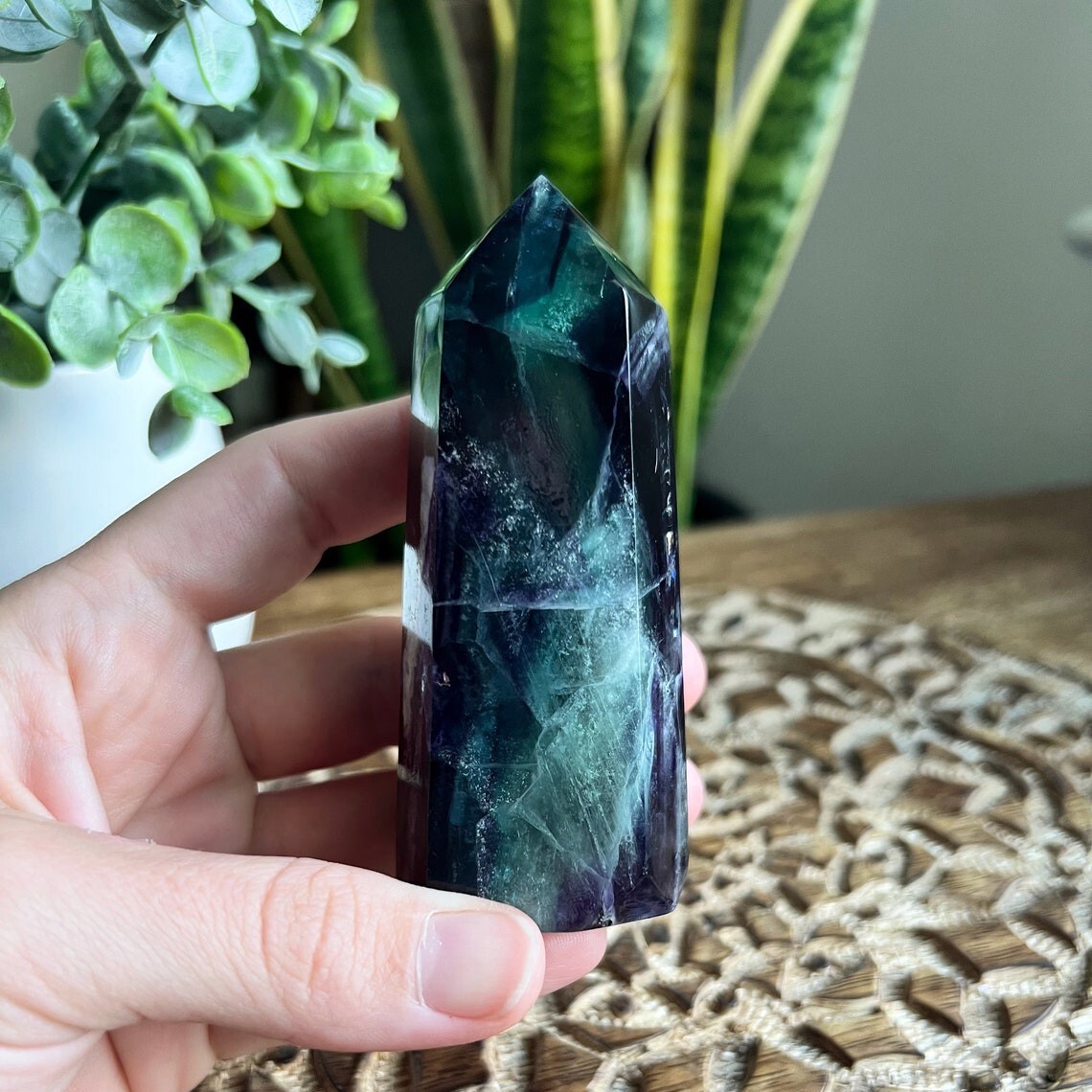 Natural Rainbow Fluorite Tower Obelisk Healing Crystal Wand Home Decoration