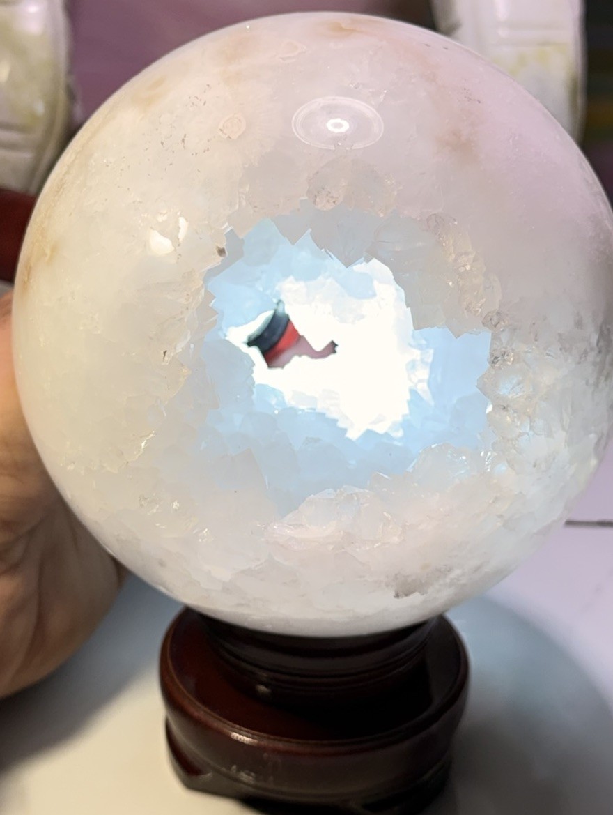 White Crystal Geode Sphere Mineral Display Specimen with Druzy Cavity on Stand