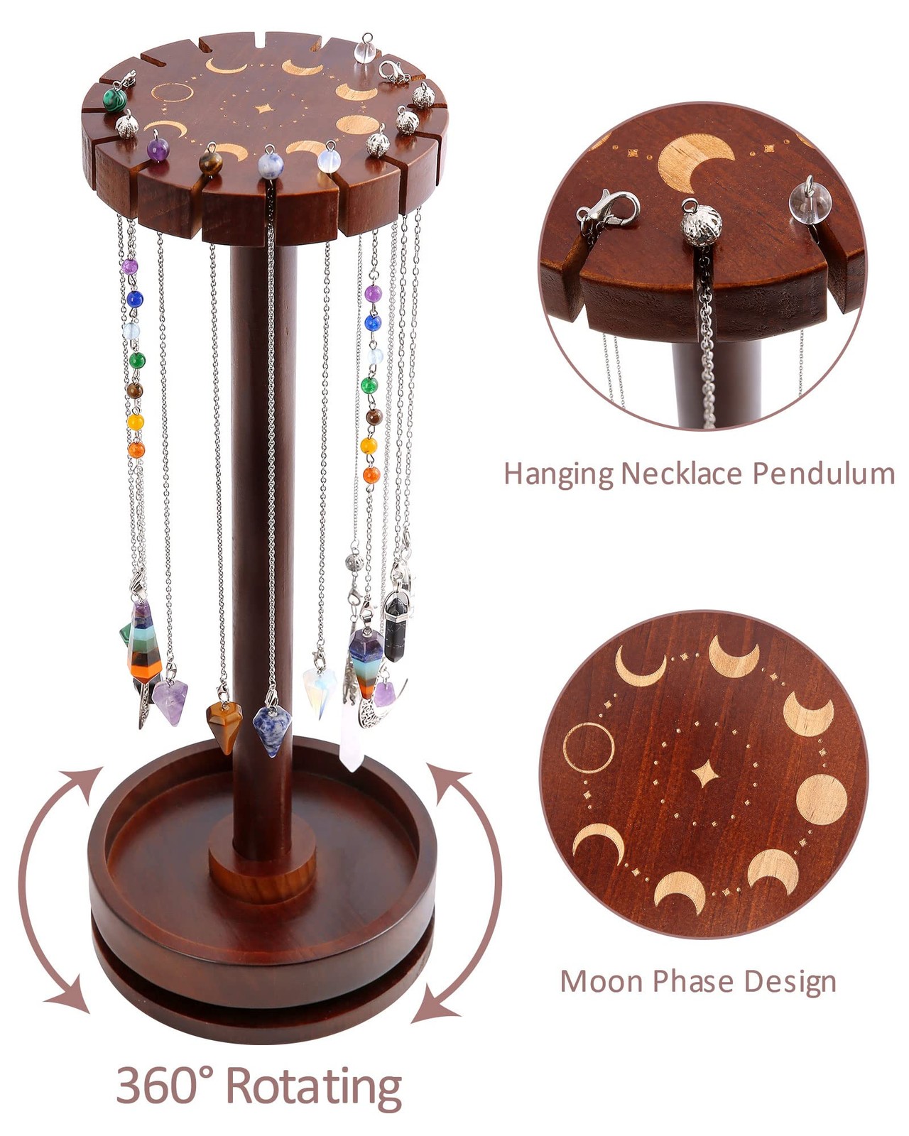Moon Phase Pendulum Display Stand with Tray, Wood Wiccan Rotating Crystal Hol…