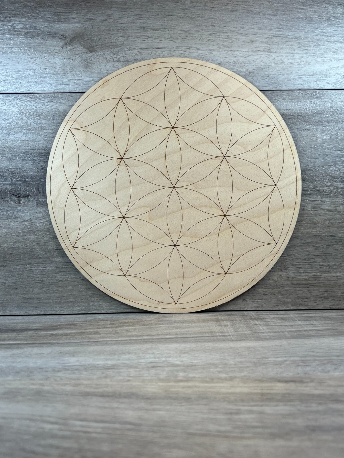 Wood Crystal Grid Plate Sacred Flower of Life Healing Wood Birch 10″ Round