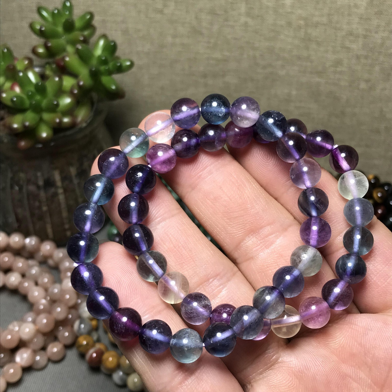 5Pcs Wholesal Natural Polish Rainbow color Fluorite crystal bracelets ball 8mm