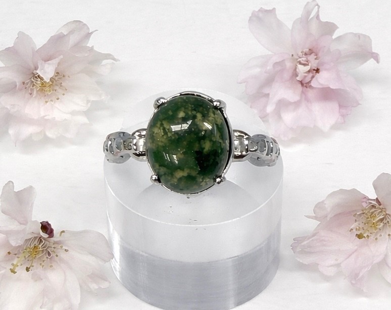 Wholesale 7 Pcs Natural Moss Agate Stainless Steel Rings(316) Crystal 10x12mm