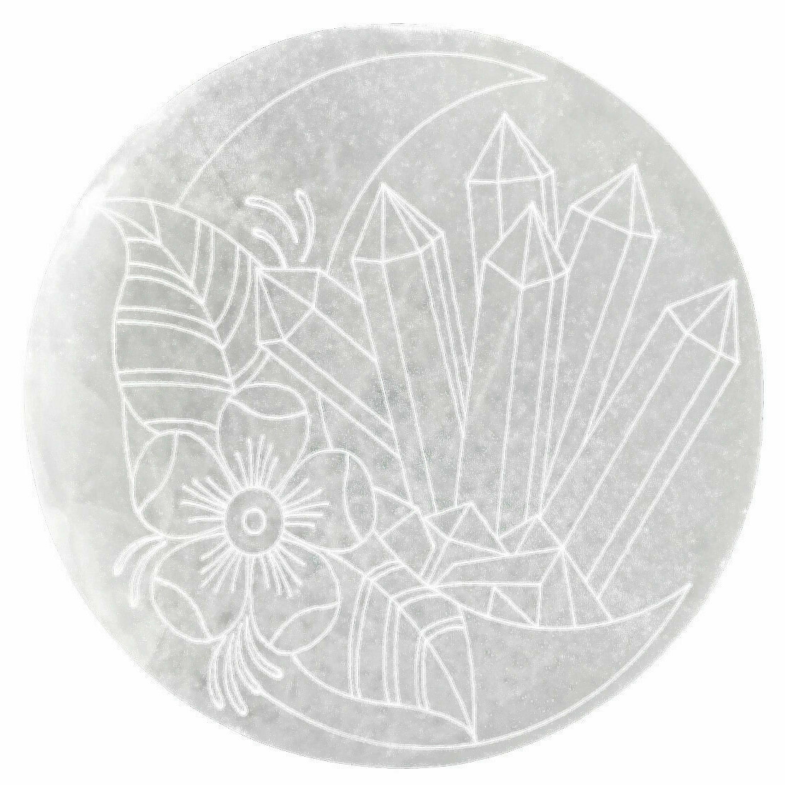 XL Selenite Charging Plate ” Moon Flower Engraved Crystal Round Disc Reiki Energ