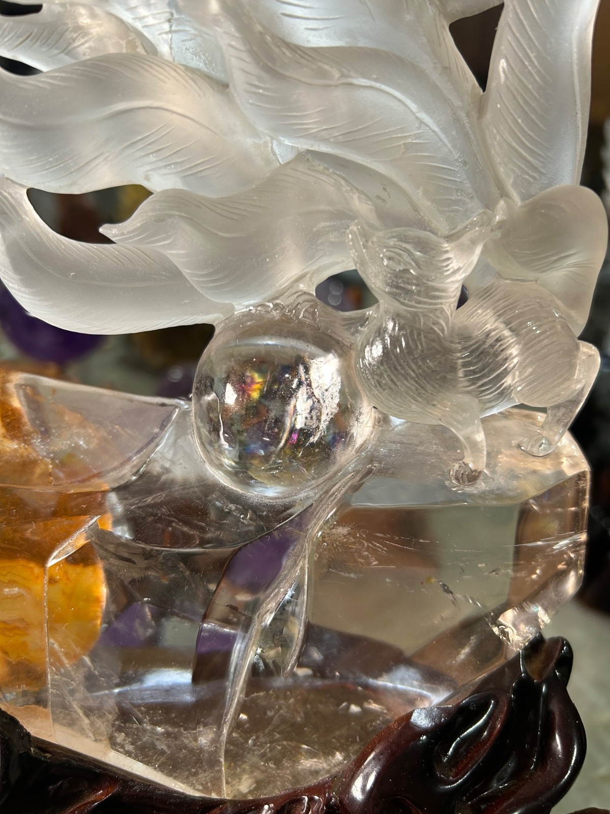 Clear Quartz healer nine 9 tail FOX carving on custom wood stand large
