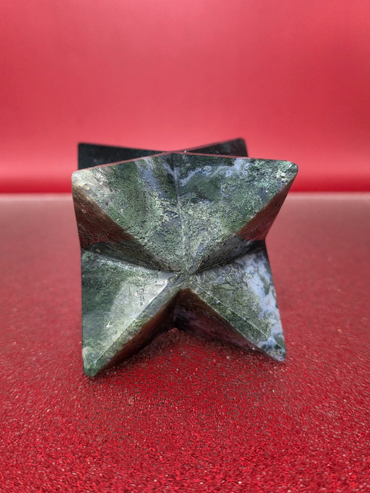 360g Moss Agate 8 Point Merkaba Star Carving Crystal Sacred Geometry Healing