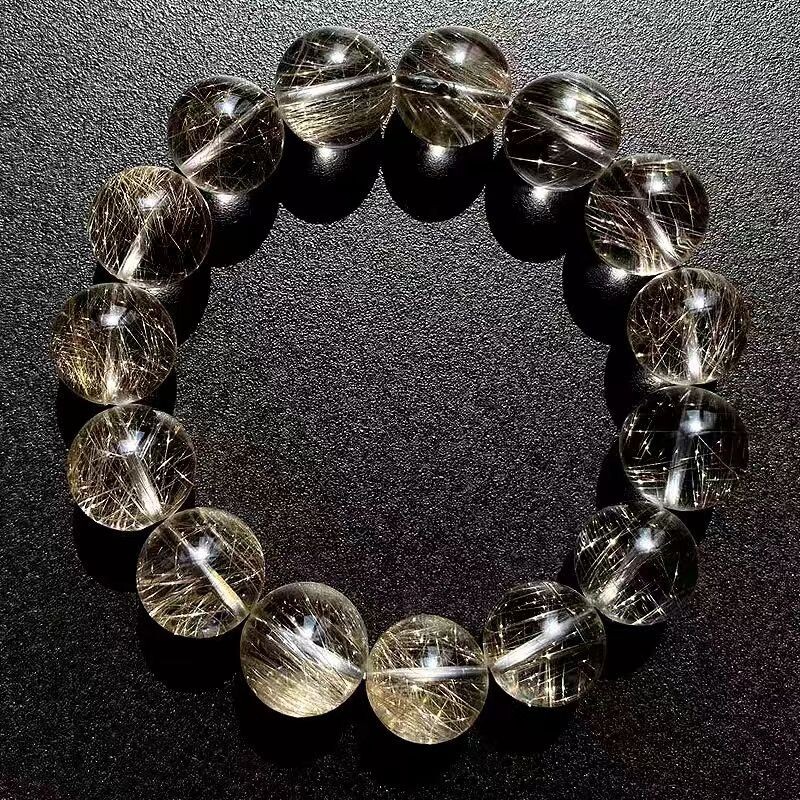 Natural Silver Rutilated Quartz Crystal Round Beads Bracelet 15mm AAA