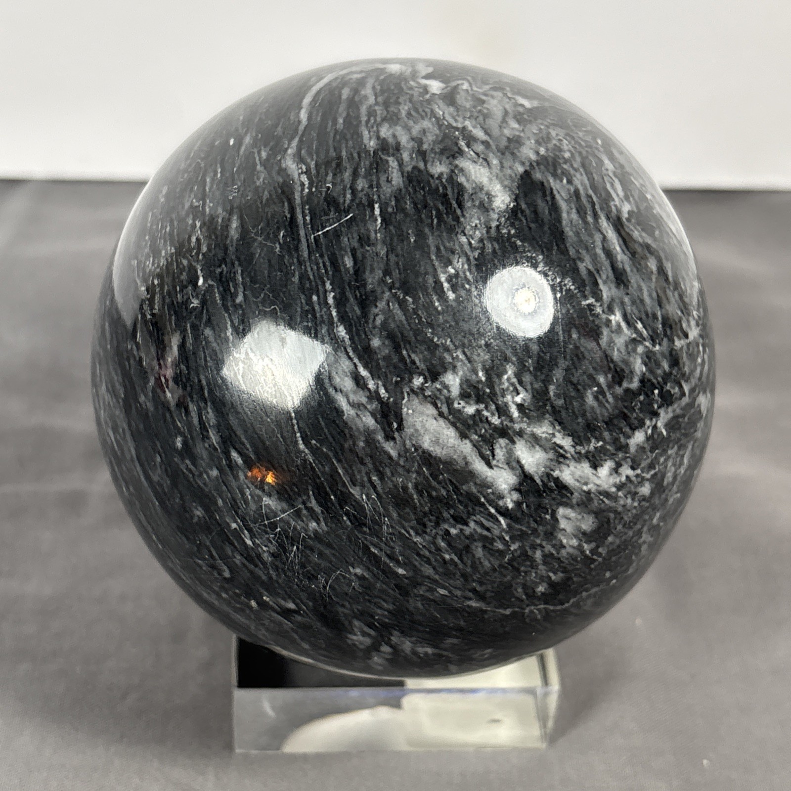 Polished Black Moonstone Large Sphere on Clear Acrylic Stand