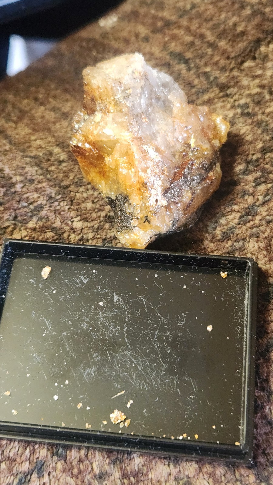 Gold Silver Quartz Crystal Mineral Specimen w Metallic Inclusions on Black Base