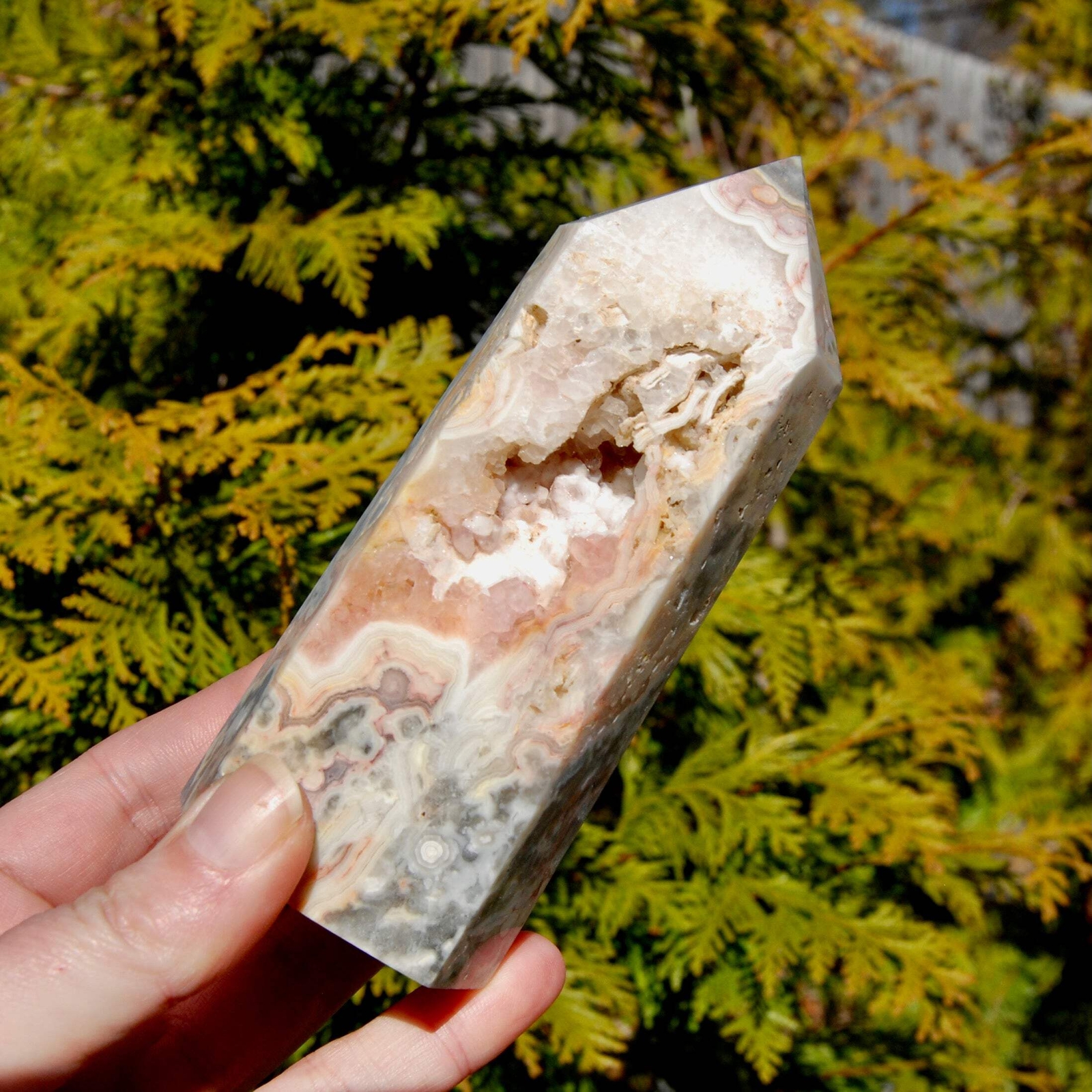 5.25in 1.2lb Pink Crazy Lace Agate Crystal Tower, Mexico