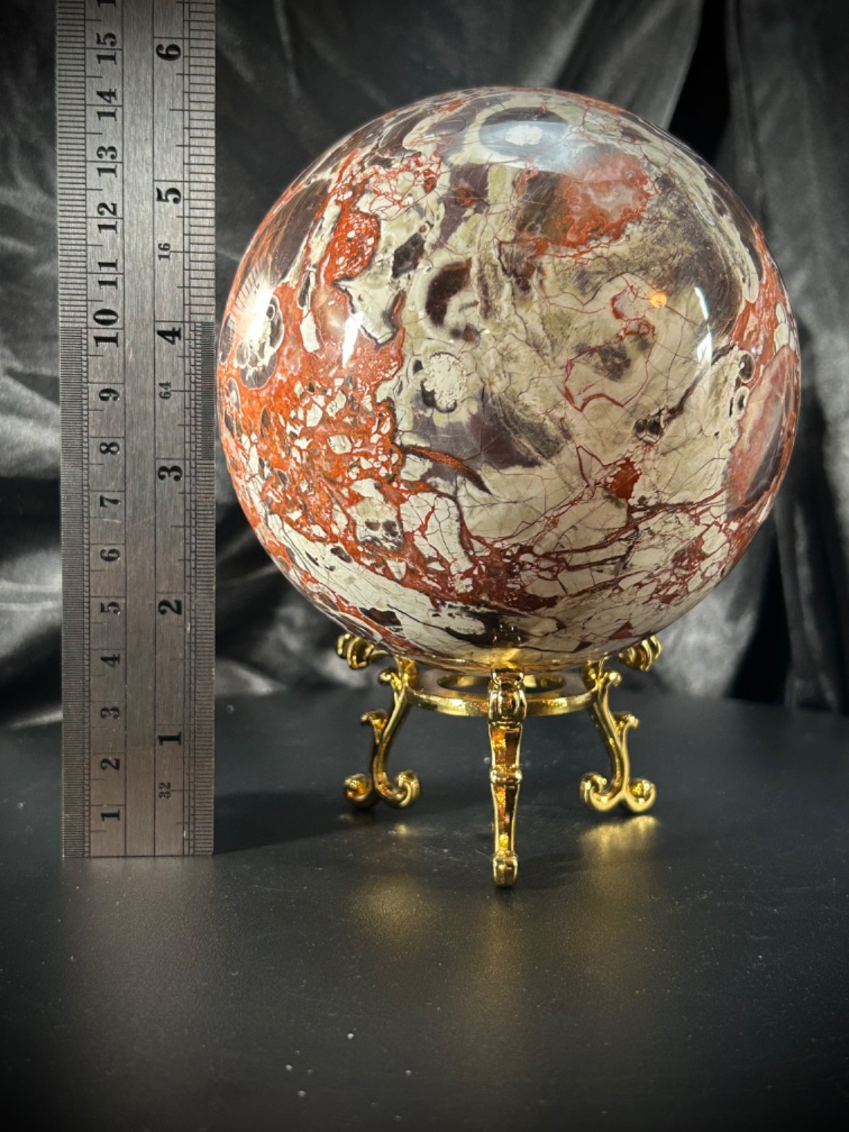 4.36″ Big Money Agate Sphere With Metal Stand 3lb 14.7oz (1777 grams)