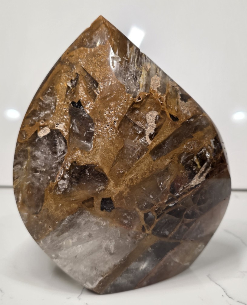 4LB 6″ High-Grade AAA Golden Healer with Smoky Quartz Crystal Flame Free-form