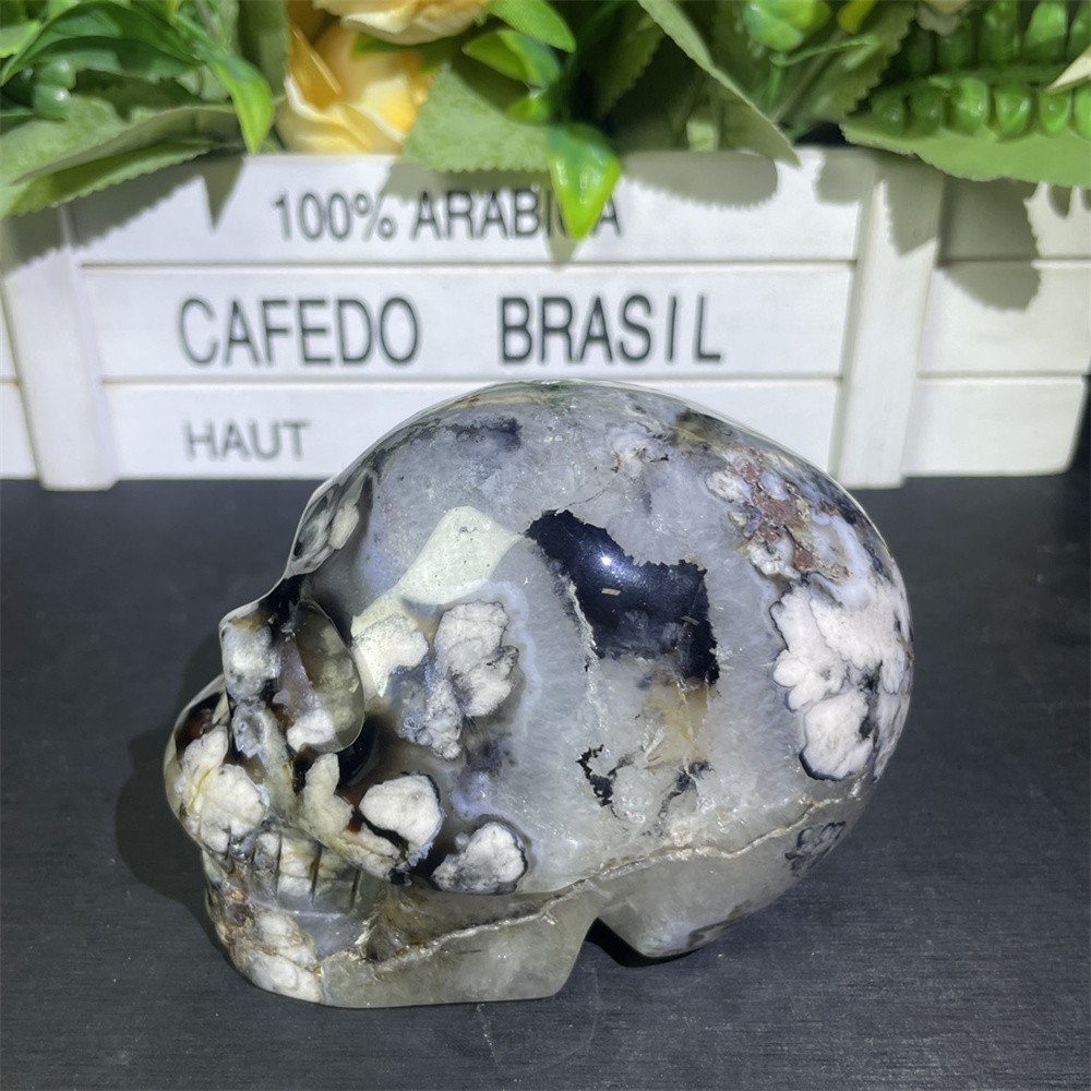 1.6LB 3.5″ Black Flower Agate Skull Carved Crystal Quartz Decor Reiki Gift
