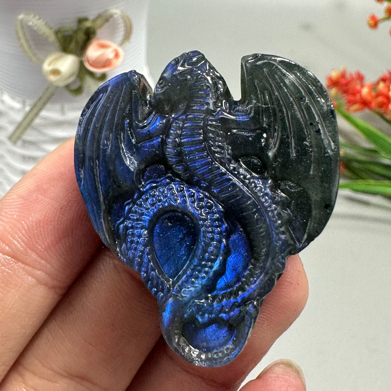 Natural Labradorite Carved dragon Quartz Skull Crystal Specimen Healing 1PC
