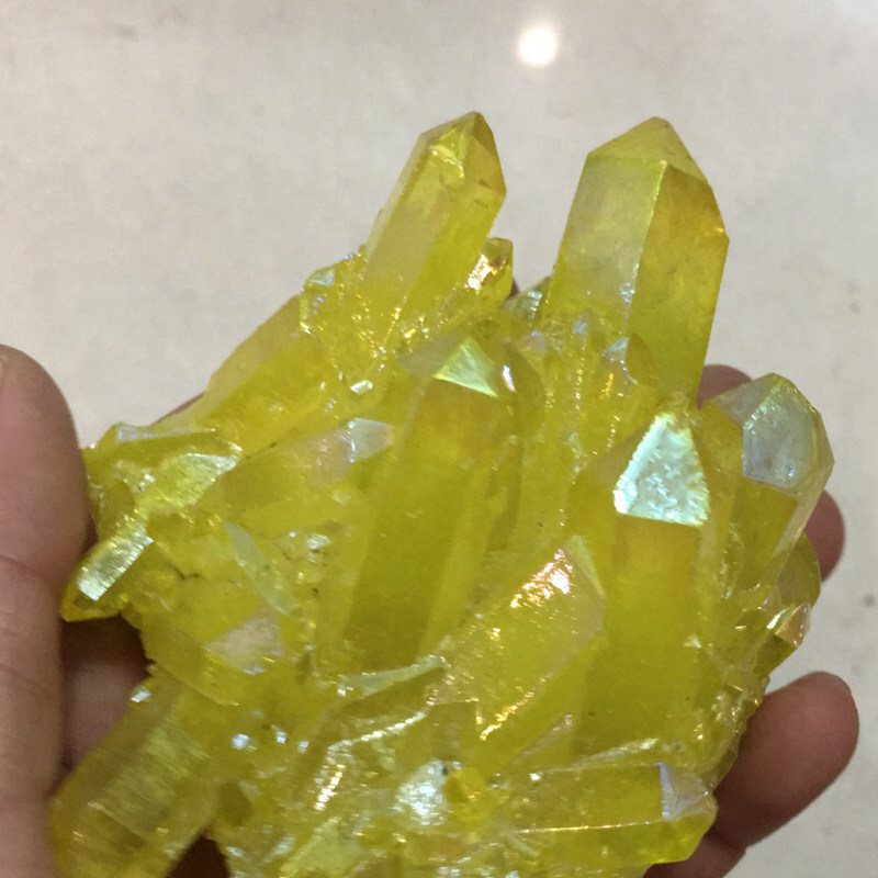 Natural Angel Aura Yellow Energy Titanium Stone Quartz Crystal Cluster Specimen