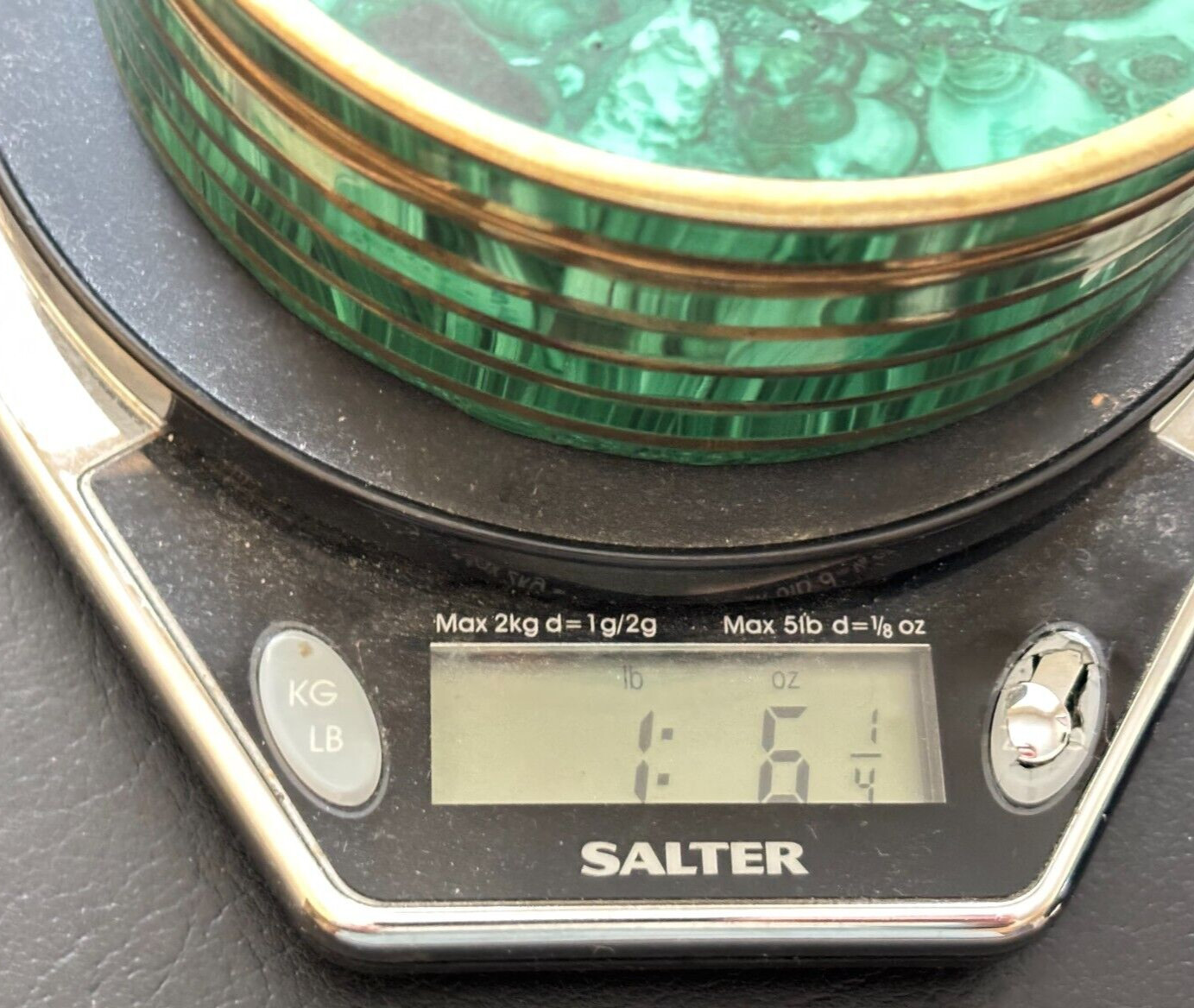 Vintage Green Malachite & Brass Round Box from Congo – Pietra Dura Scene on Top