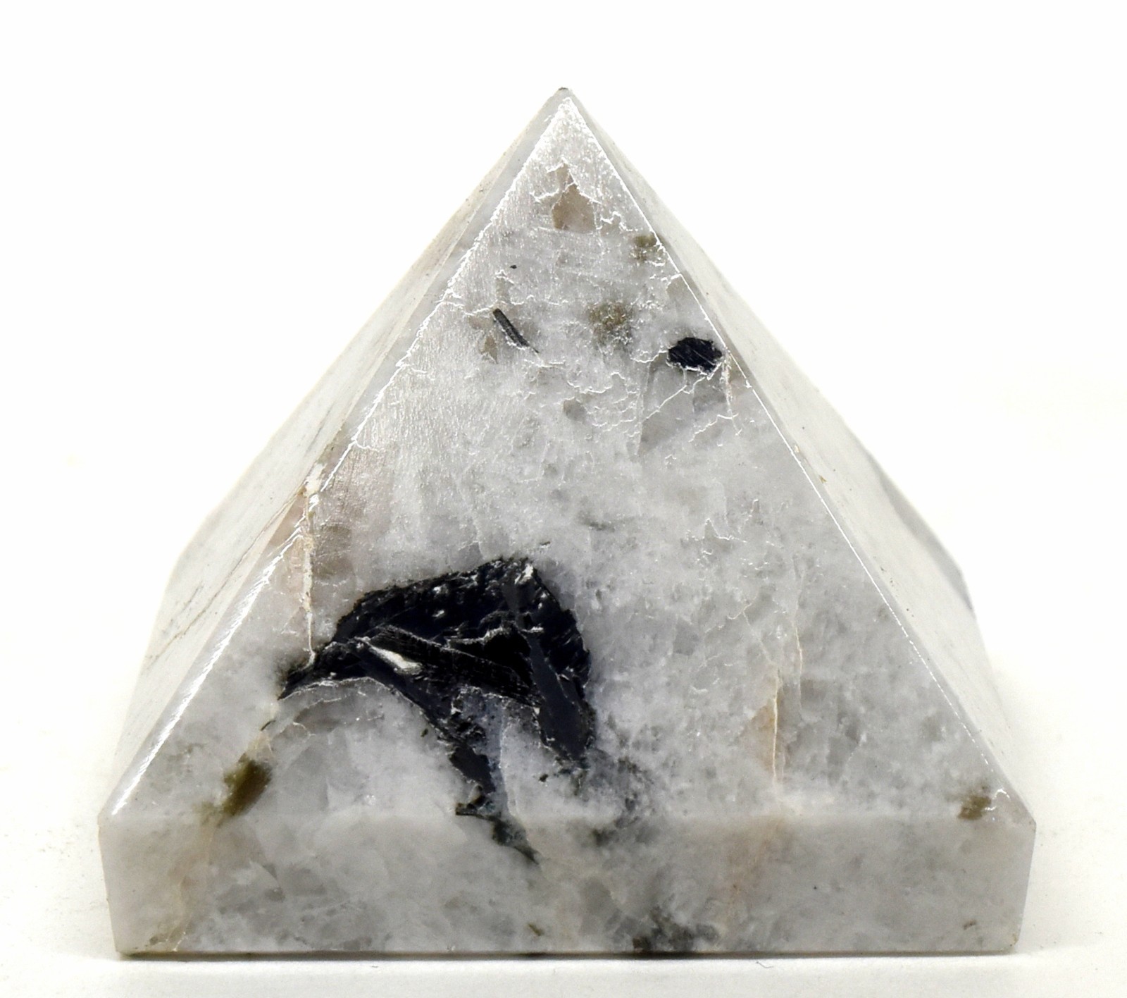 36mm 50g Rainbow Moonstone w/ Tourmaline Pyramid Polished Natural Mineral India