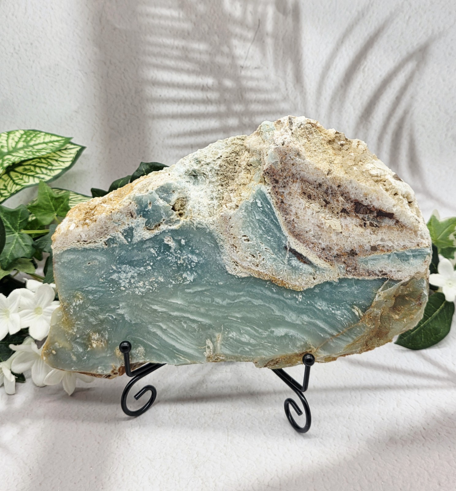 Caribbean Calcite Slab w Metal Stand Natural Blue Calcite Display 2 lb 8 oz