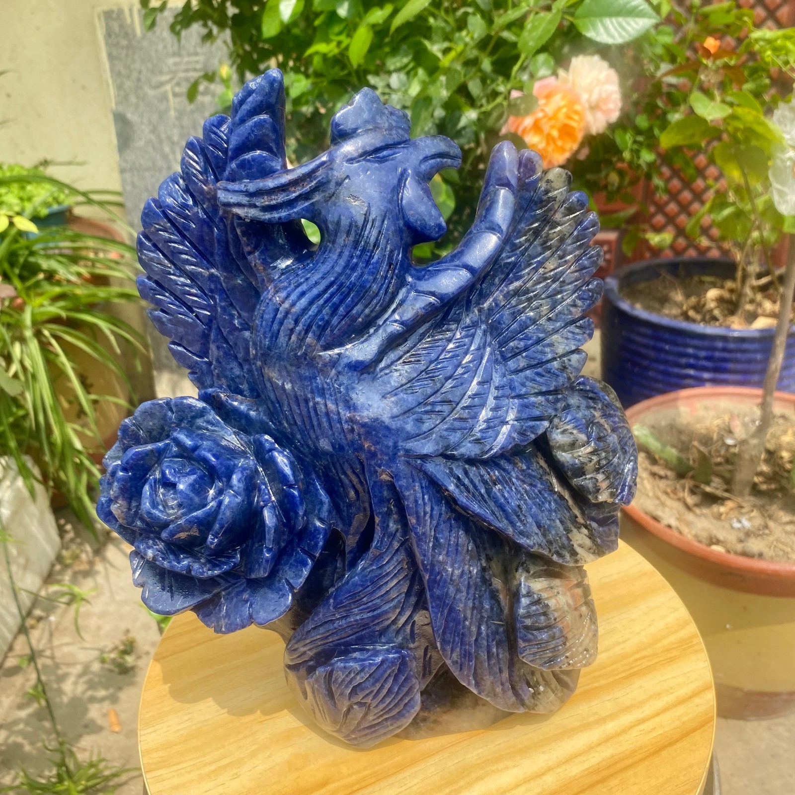 7.71LB Natural Blue Vein Stone Phoenix Carving, Home Decoration