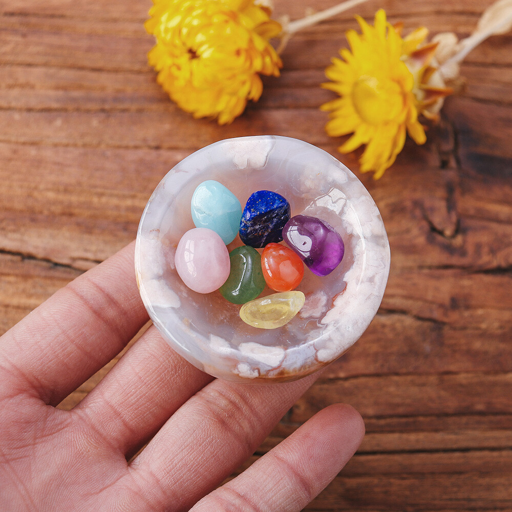 Mini Tumbled Chakra Stone Sakura Agate Bowl Cherry Blosson Stone With Wood Box