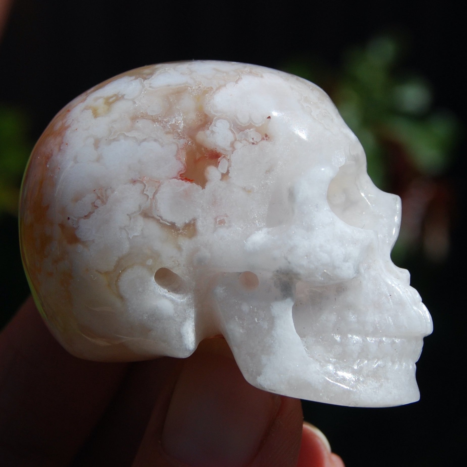 2in Sakura Flower Agate Carved Crystal Skull, Realistic Peach White Sakura Agate