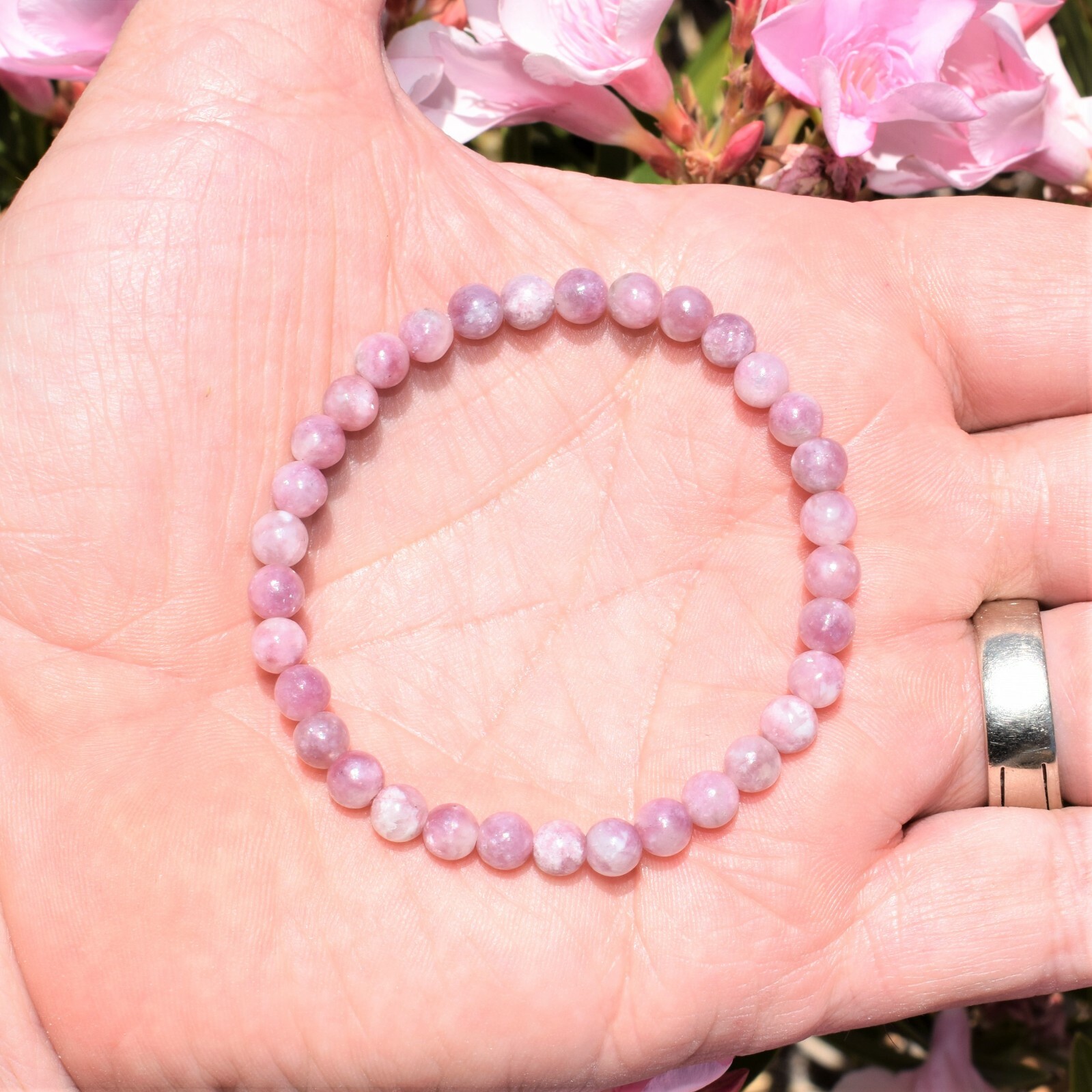 Premium CHARGED Lepidolite Crystal 6mm Bead Stretchy Bracelet + Selenite Heart