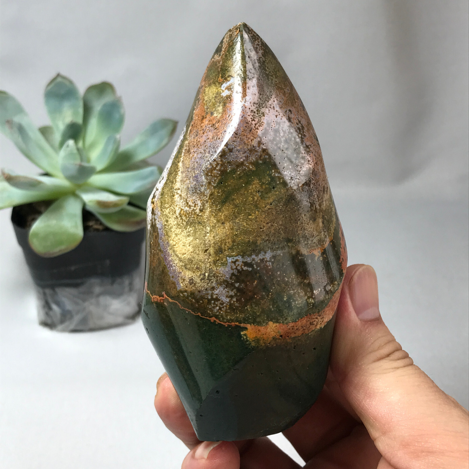 Natural Ocean Jasper torch Hand carve polish Crystal free standing 362g g6632