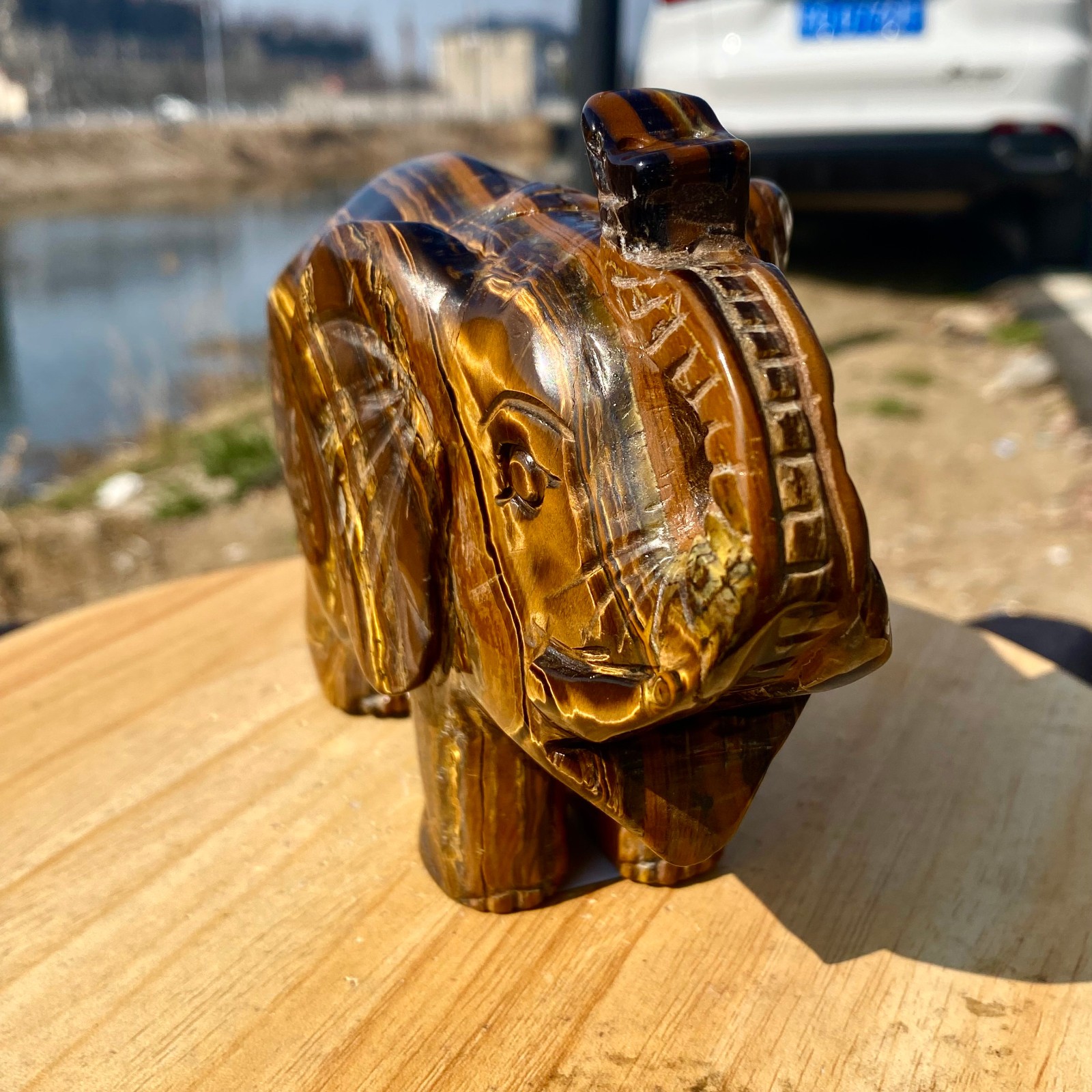3.72LB Natural Tiger’s Eye Gemstone Elephant Figurin Hand Carved Mineral