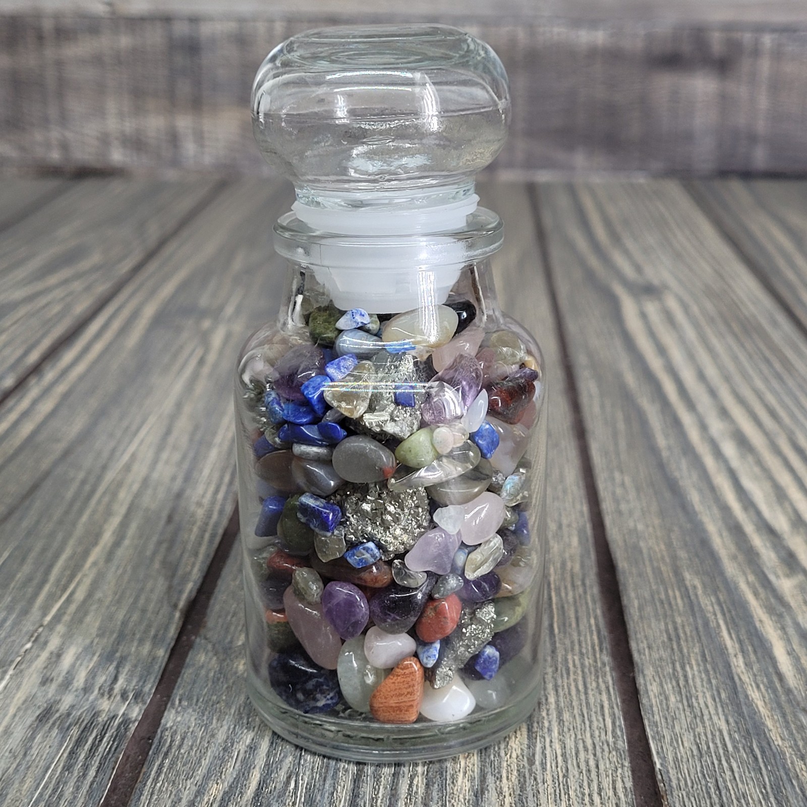 6oz Mixed Crystal Tumbles in Vintage Apothecary Crabtree & Evelyn Glass Jar EUC