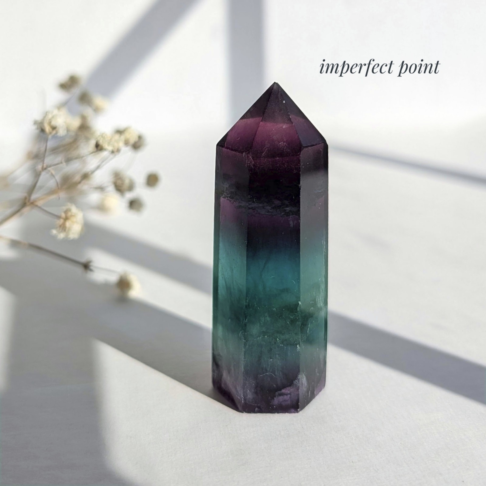 2.3″ watercolor banded fluorite tower point, purple blue teal rainbow fluorite