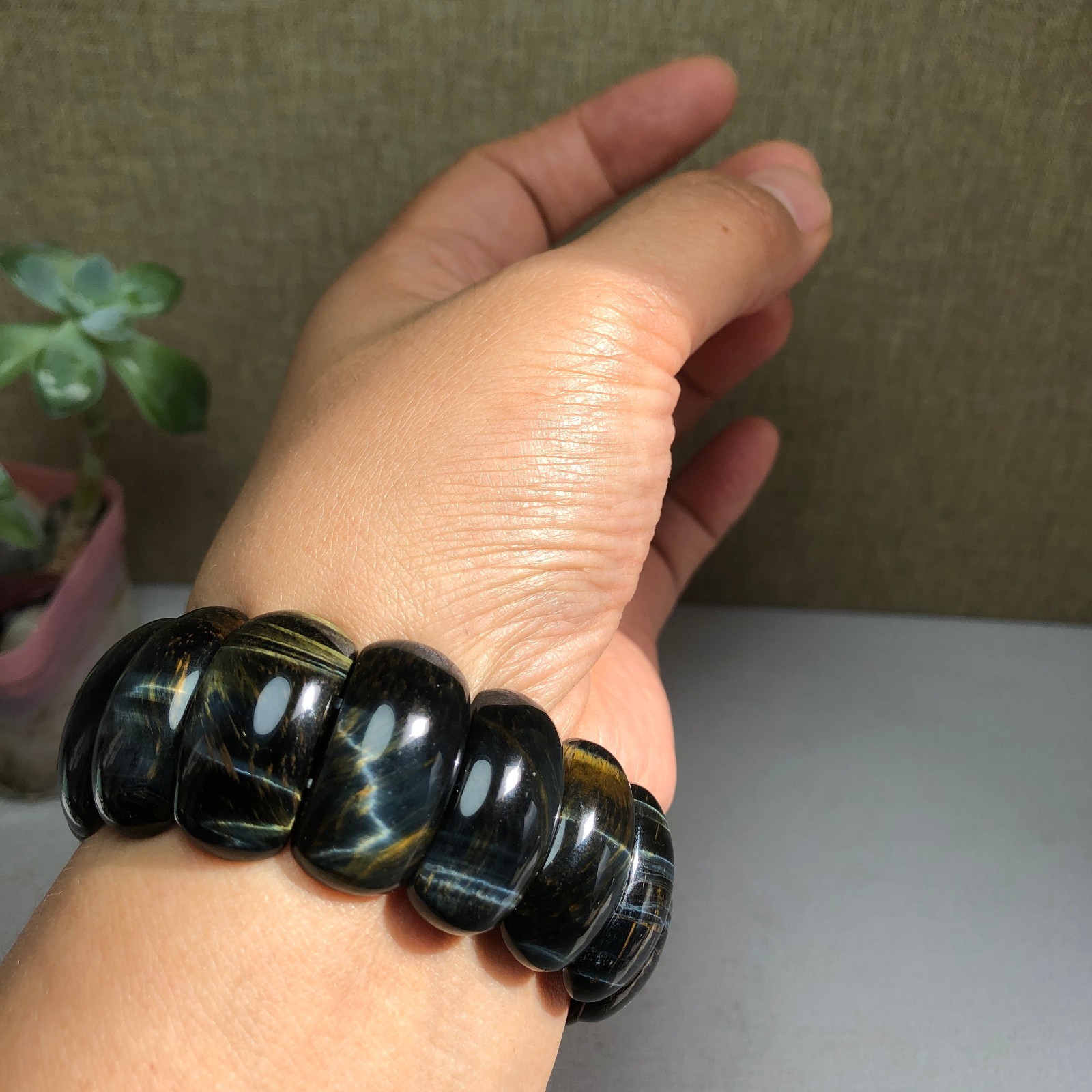 24-12-6mm Natural tiger eye slice quartz Crystal Hand cut polish bracelet A1390