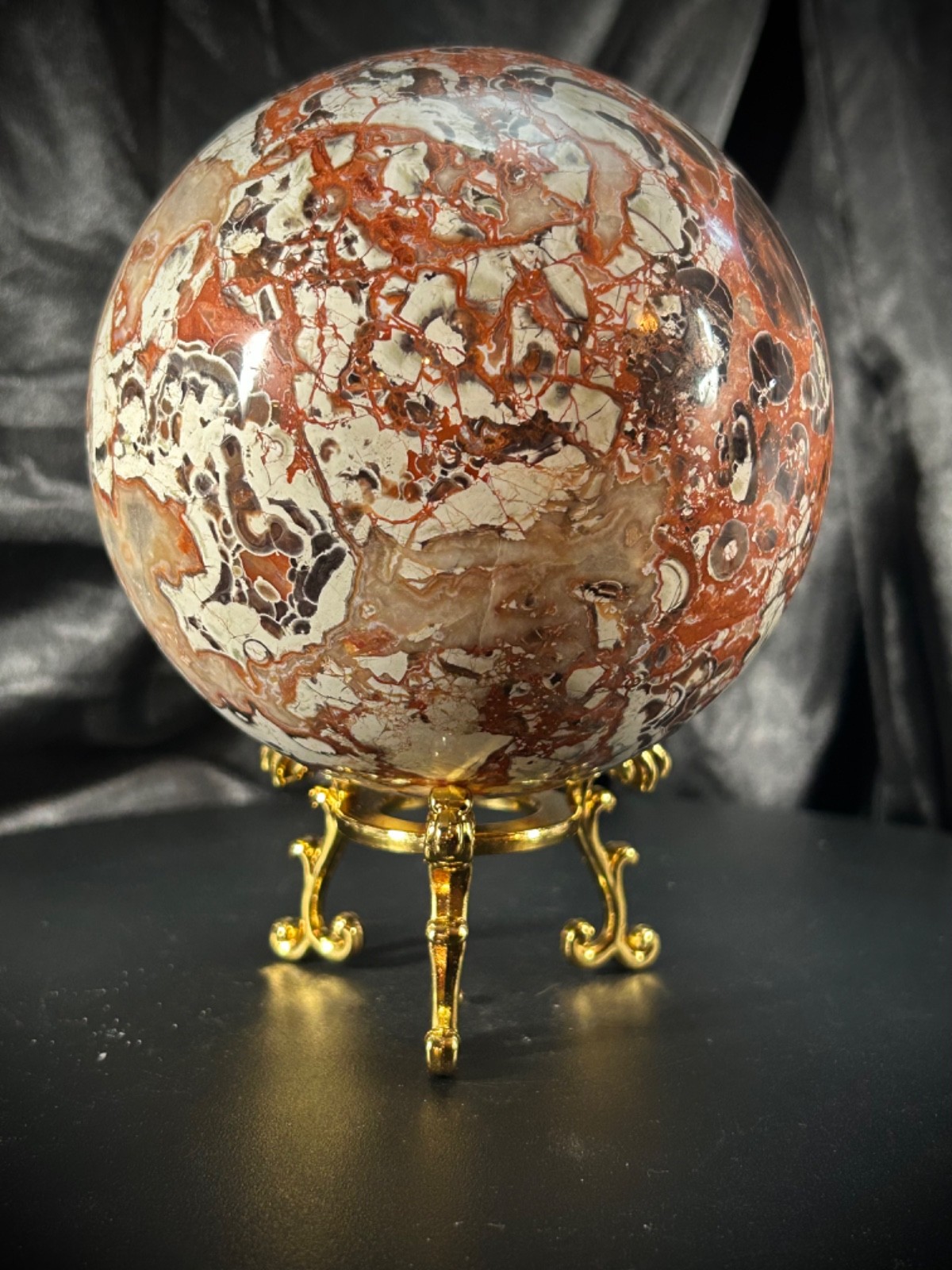 4.36″ Big Money Agate Sphere With Metal Stand 3lb 14.7oz (1777 grams)
