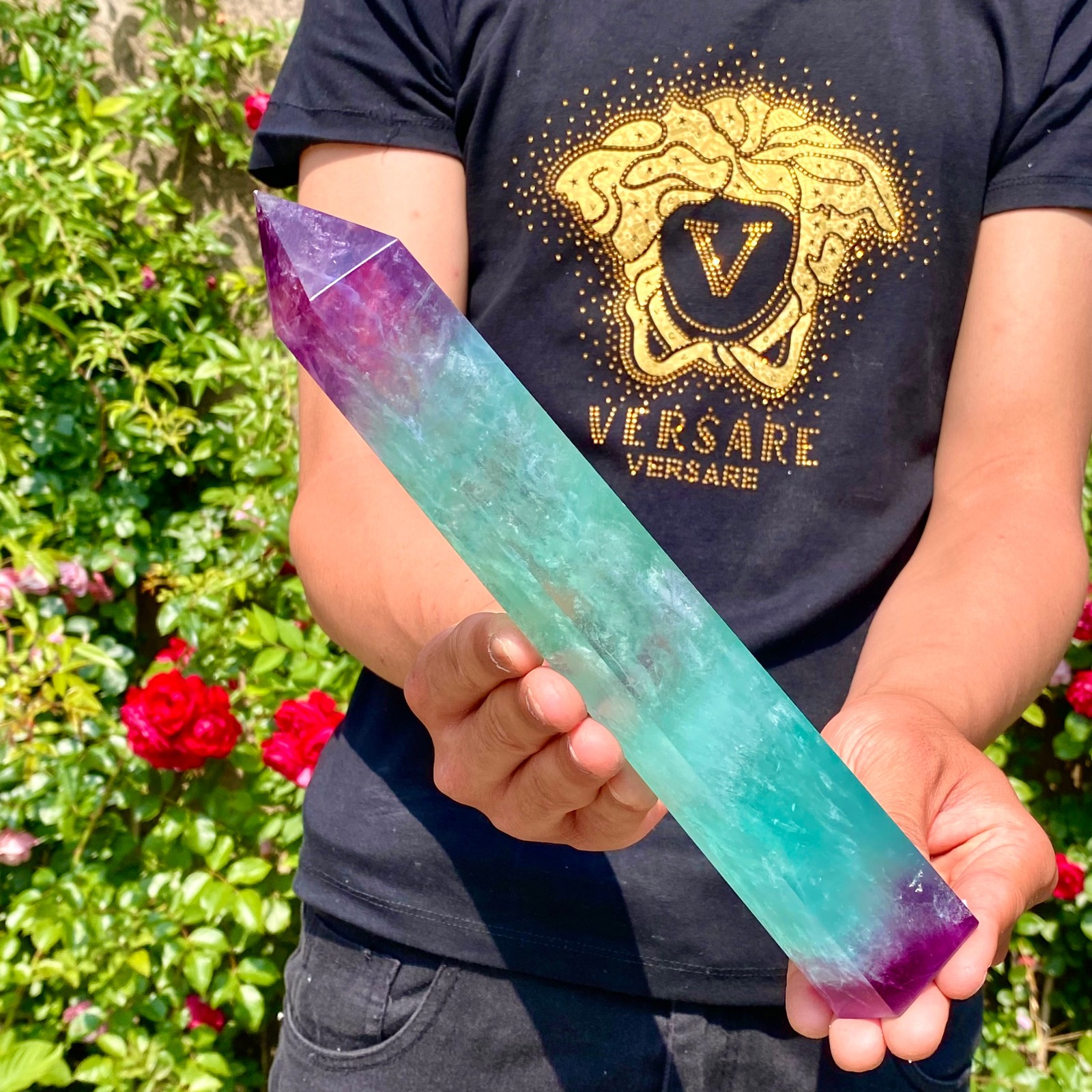 2.2LB Natural rainbow fluorite obelisk quartz crystal wand point Gem Healing