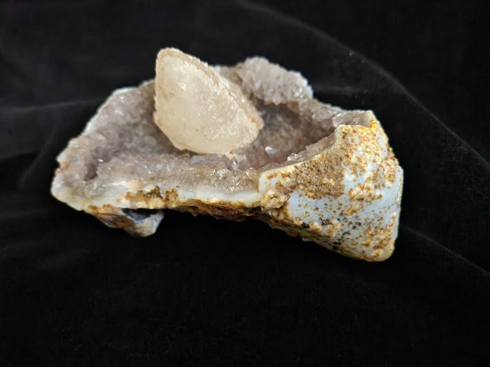 Calcite on Amethyst Geode – Nashik India – 5.25″ Cabinet Specimen