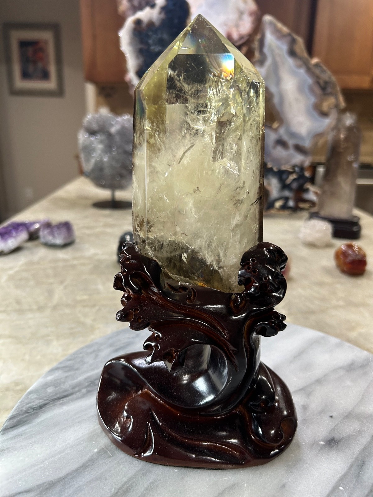 Citrine quartz crystal Freeform tower with custom wood stand