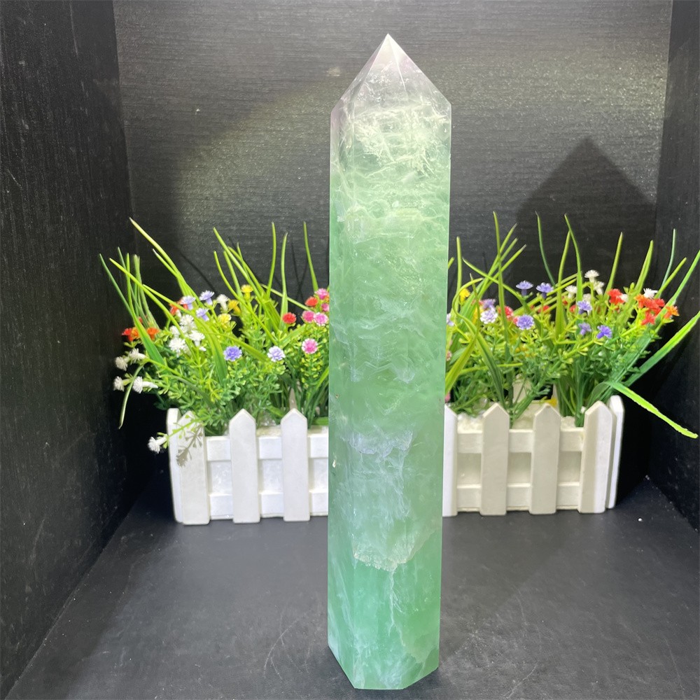 3.1LB 11.1″ Natural Rainbow Fluorite Obelisk Quartz Crystal Tower Point Decor