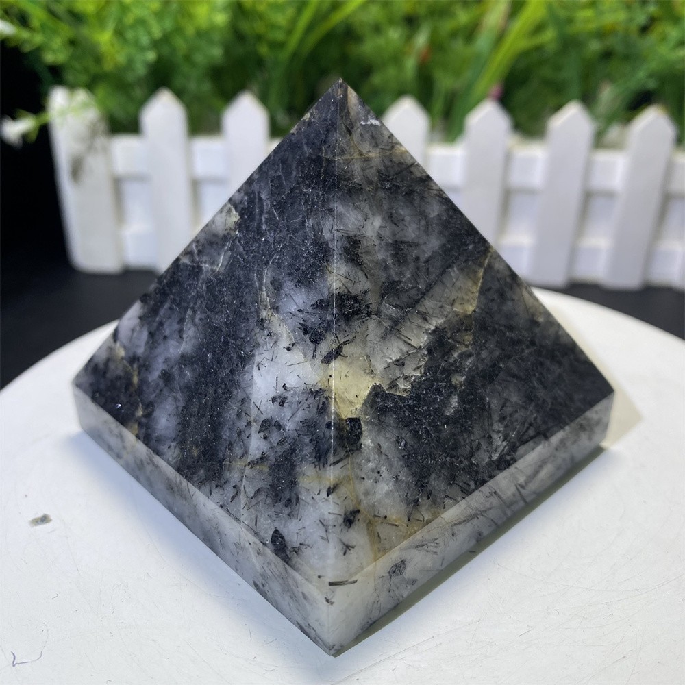 0.8LB 2.7″ Natural Black Rutiled Quartz Pyramid Statue Crystal Reiki Heal Decor