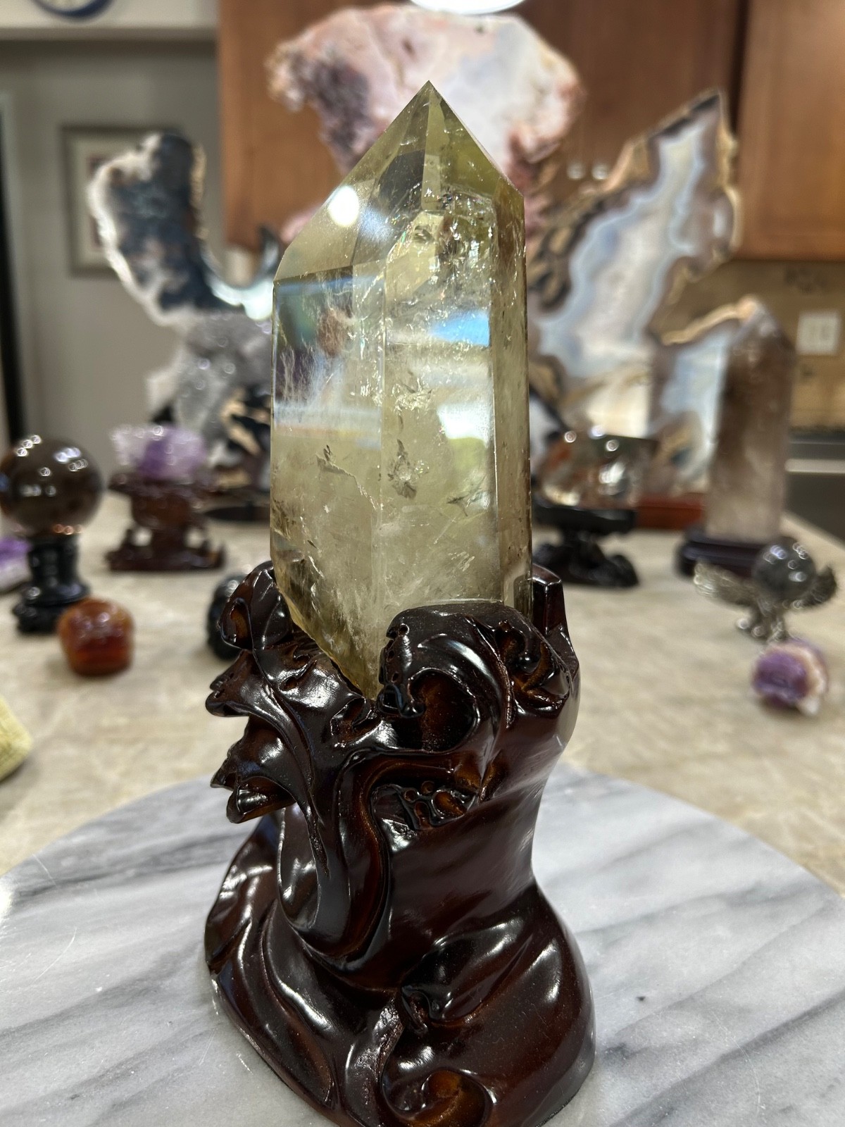 Citrine quartz crystal Freeform tower with custom wood stand
